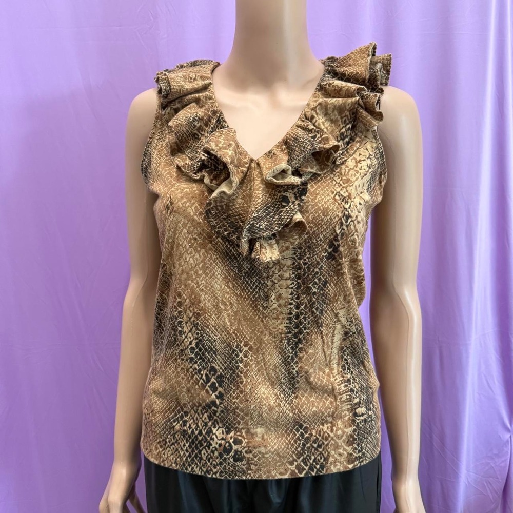 Lauren Ralph Lauren Brown Snake Print Ruffle V-Neck Sleeveless Cotton Top Small